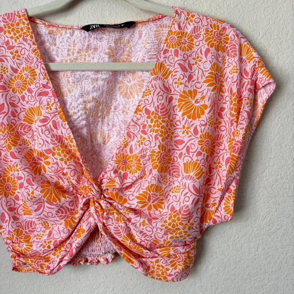 Zara Linen Blend Boho Floral Print Cropped Twist Front Blouse Top - Picture 4 of 8